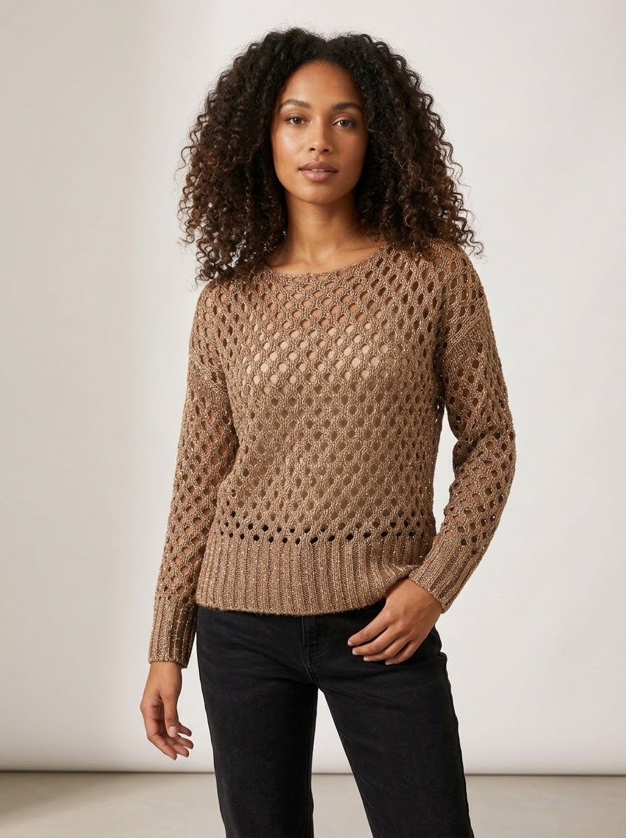 Side view of the Barbados bronze open-weave jumper