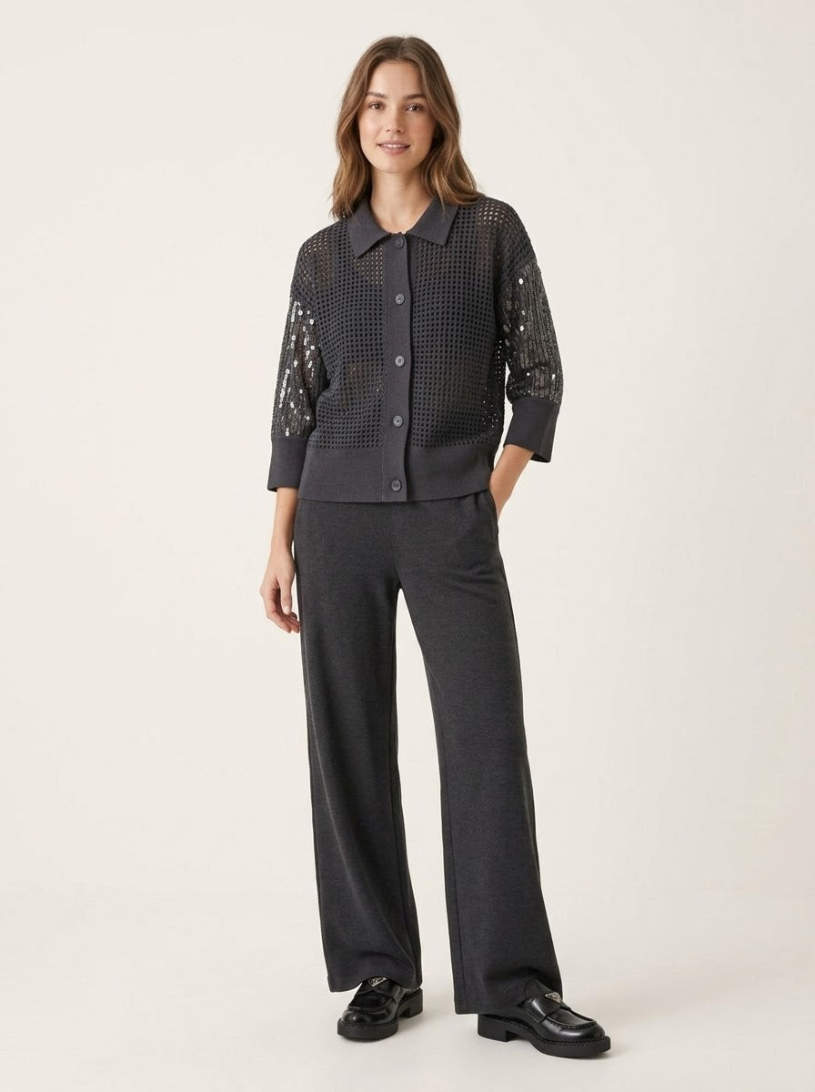 Janey charcoal open-weave cardigan showing its button-through front