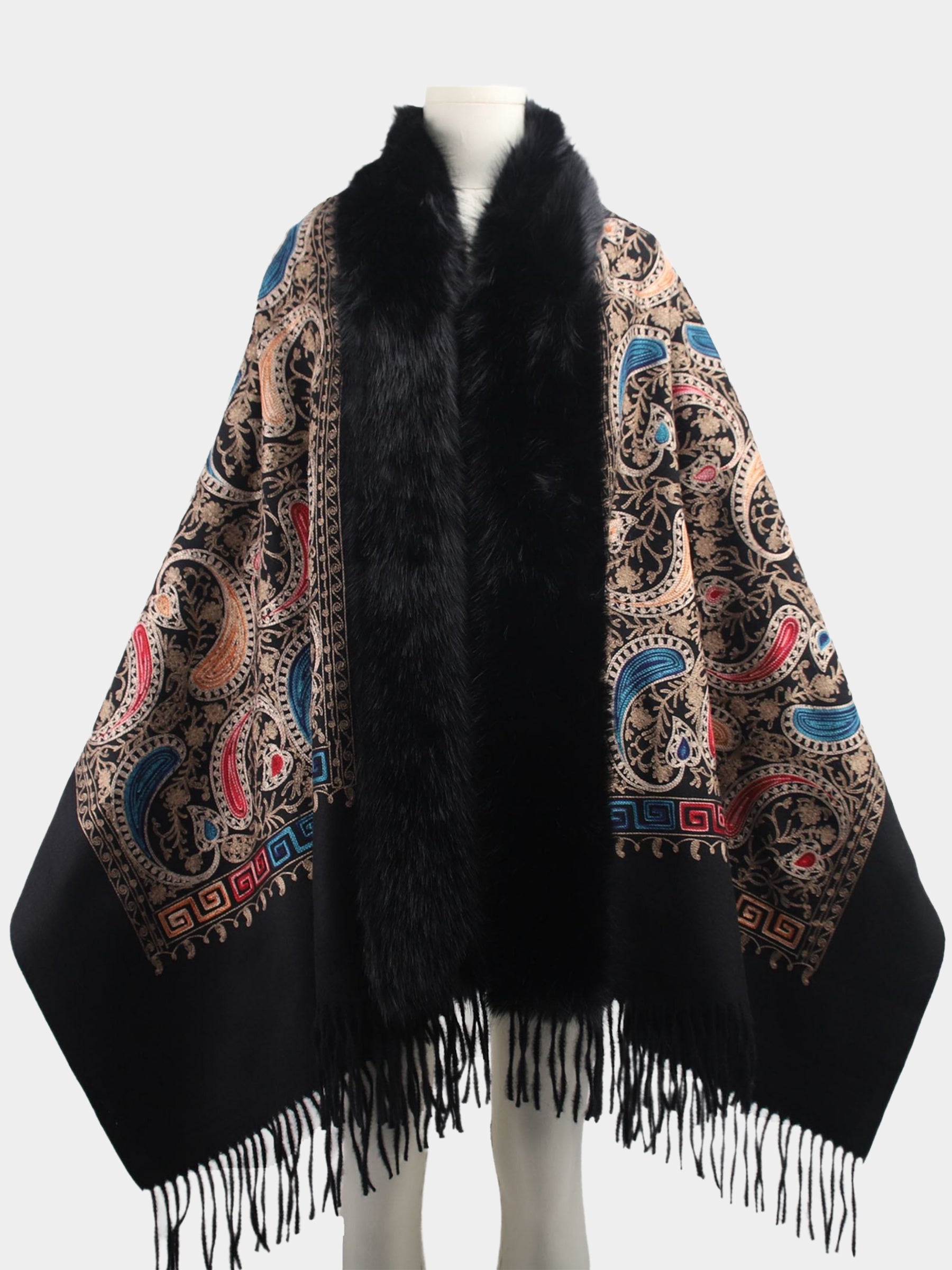 Cynthia - Embroidered fur trim shawl/wrap