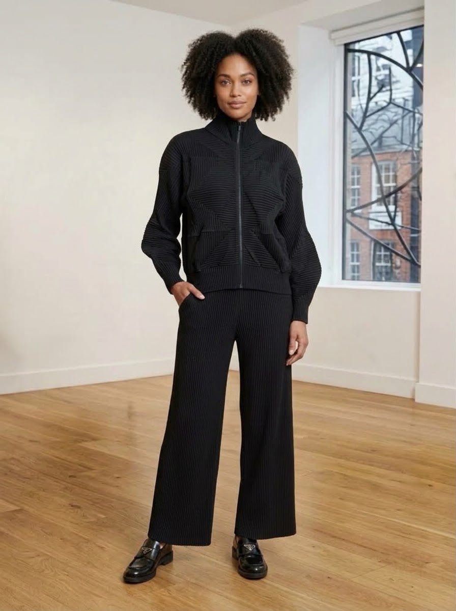 Jennifer origami pleat jacket with Marnie pleat trousers in black