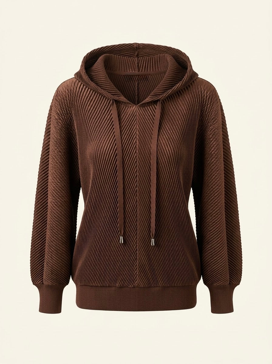 Sunday pleated hooded top in chocolate, front product view