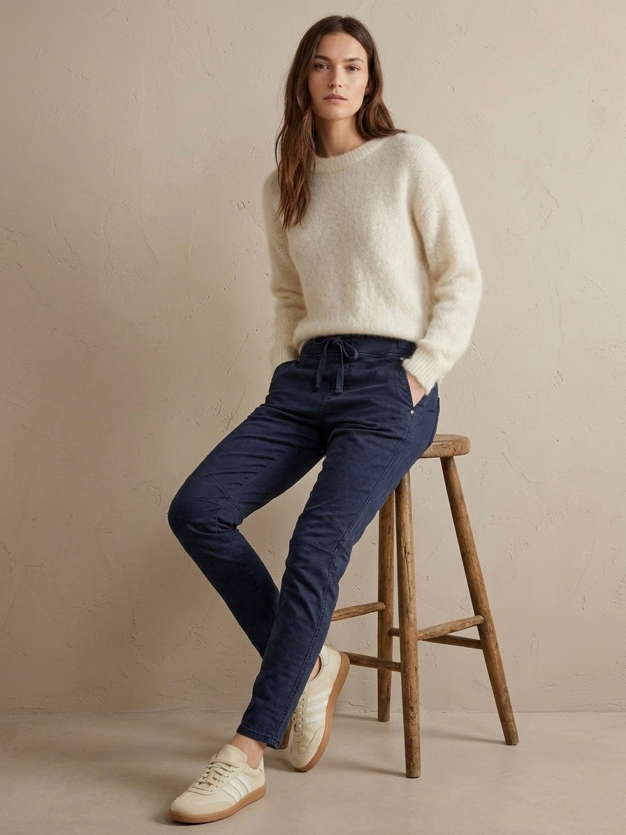 Missie stretch cotton navy jogger ruched knee jean