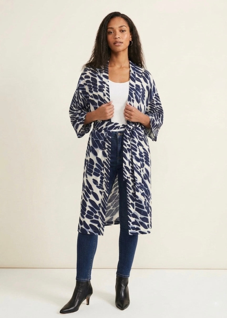 Merlot navy pebble dash long printed cardigan