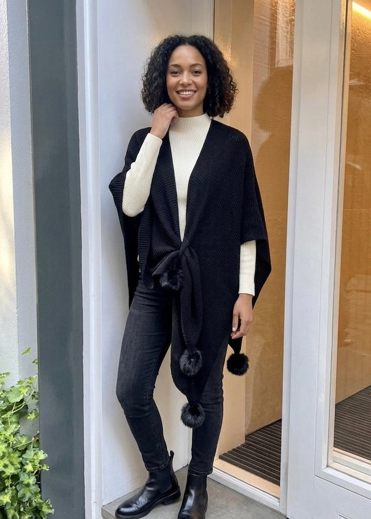 Ida black pom pom knitted wrap / shawl