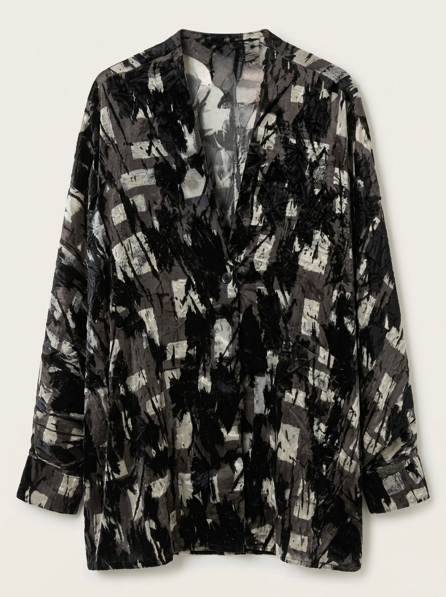 Beatrix sheer burnout shirt in black, brown and grey abstract print, front flat lay
