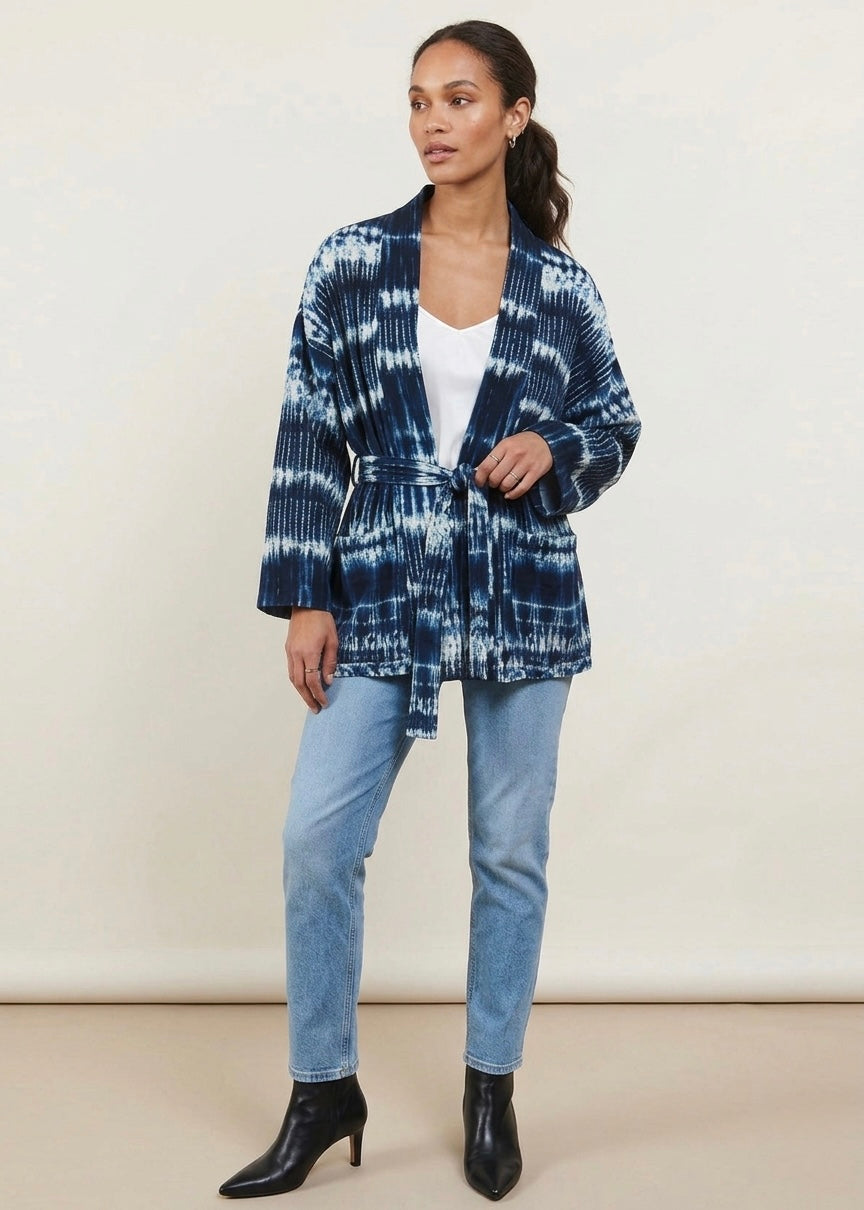 Land tie dye belted French jersey blue kimono