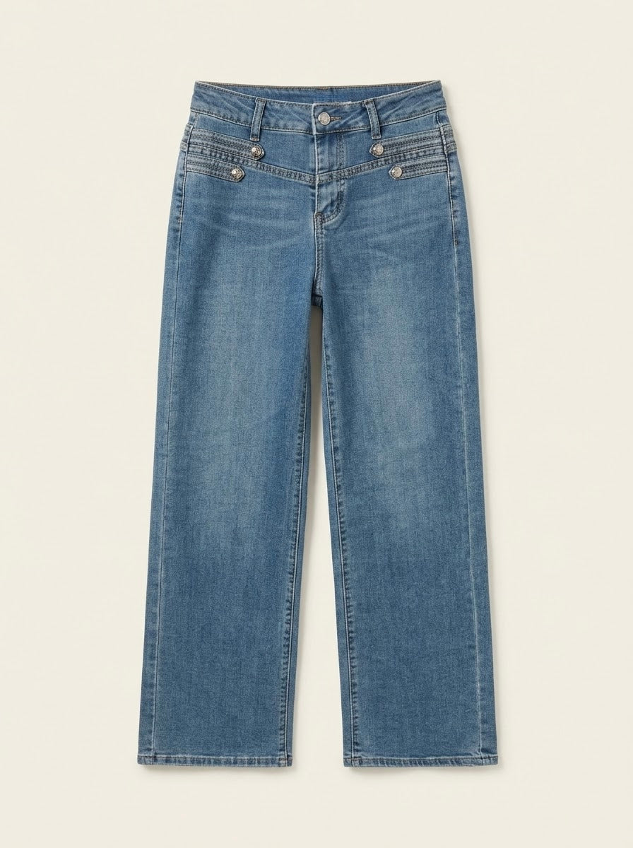 Danni military button wide-leg jeans in denim blue, front flat lay
