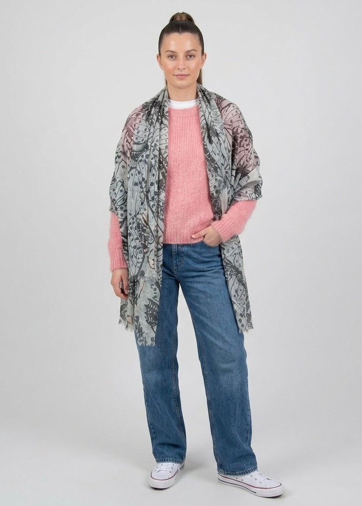 Butterfly grey and pink print long scarf