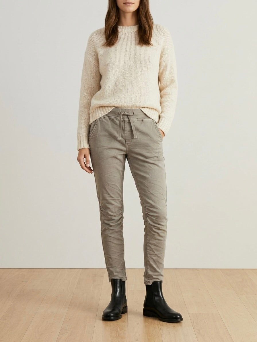 Missie stretch cotton stone jogger ruched knee jean