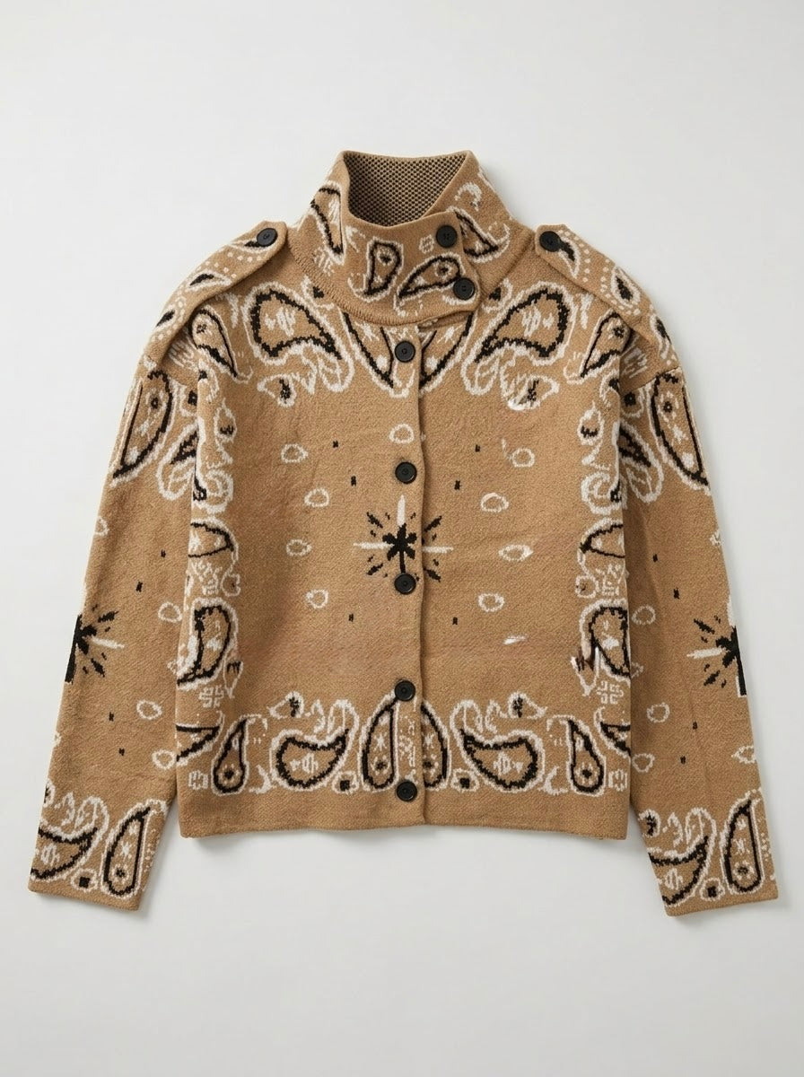Sadie paisley knitted jacket in camel, front flat lay