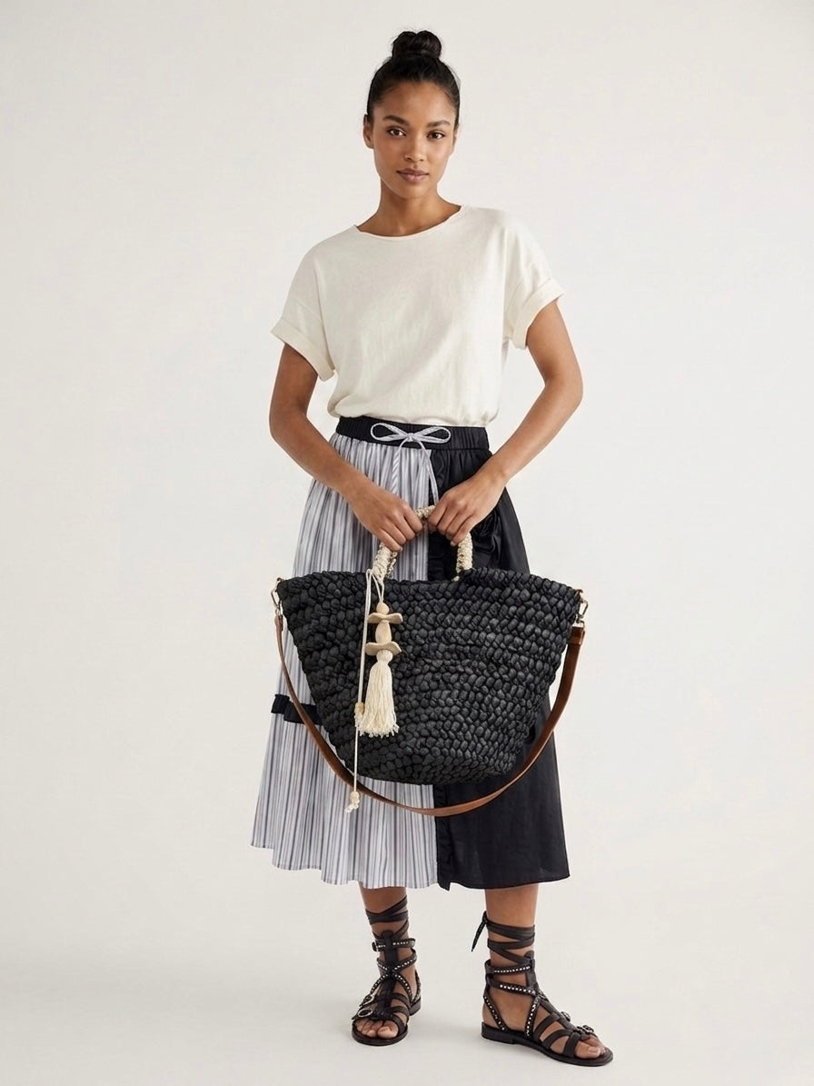 Bella black hand made straw basket bag
