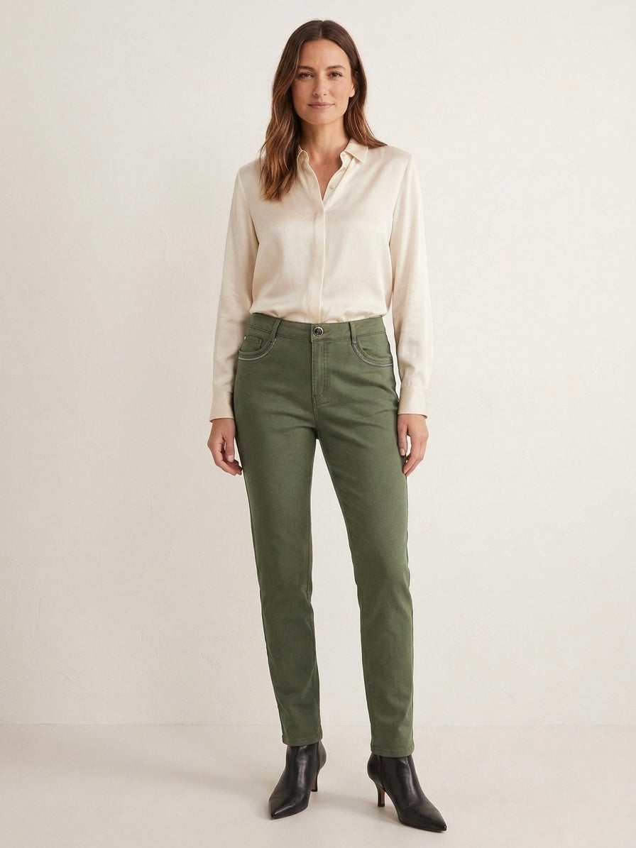 Frances khaki stretch straight leg cotton jean