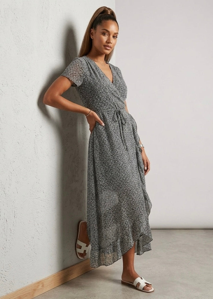 Isabella black white chiffon print wrap dress