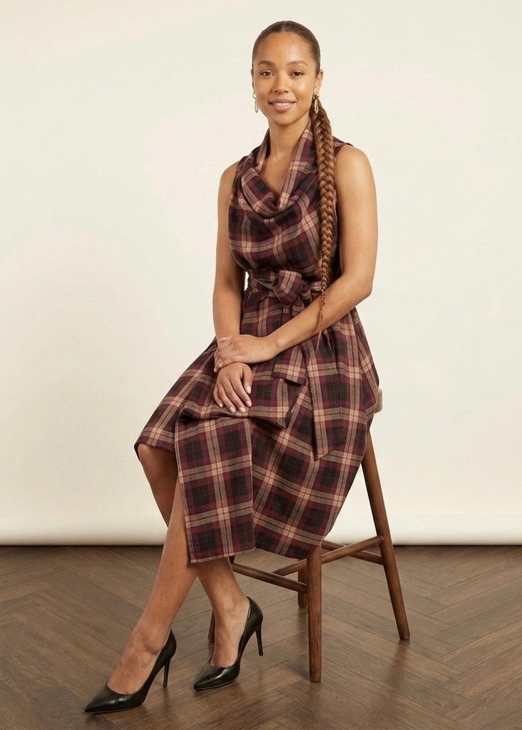 Bethany plum soft tartan draped wrap dress