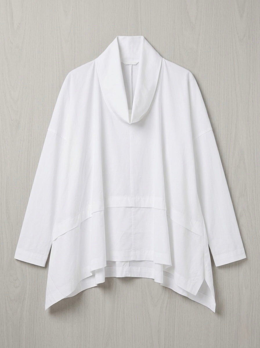 White Liv cowl neck top, front flat lay showing asymmetric hem