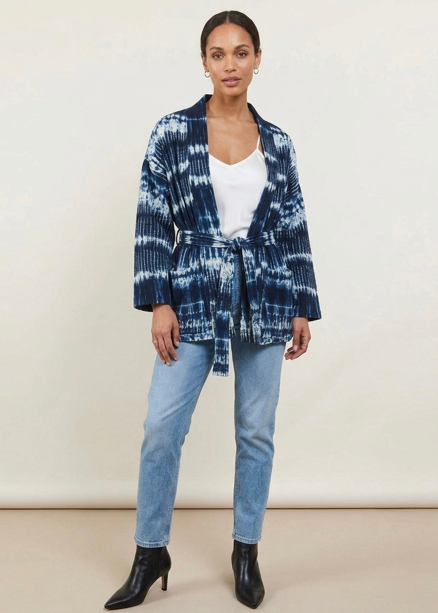 Land tie dye belted French jersey blue kimono