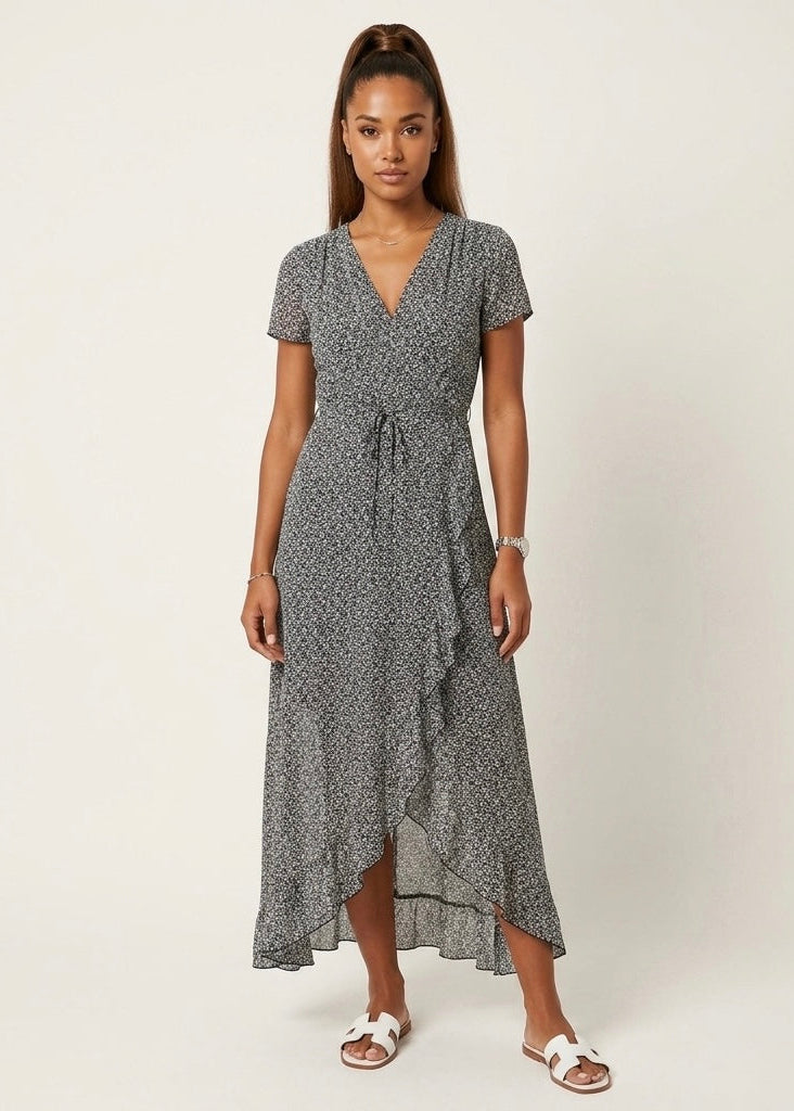 Isabella black white chiffon print wrap dress
