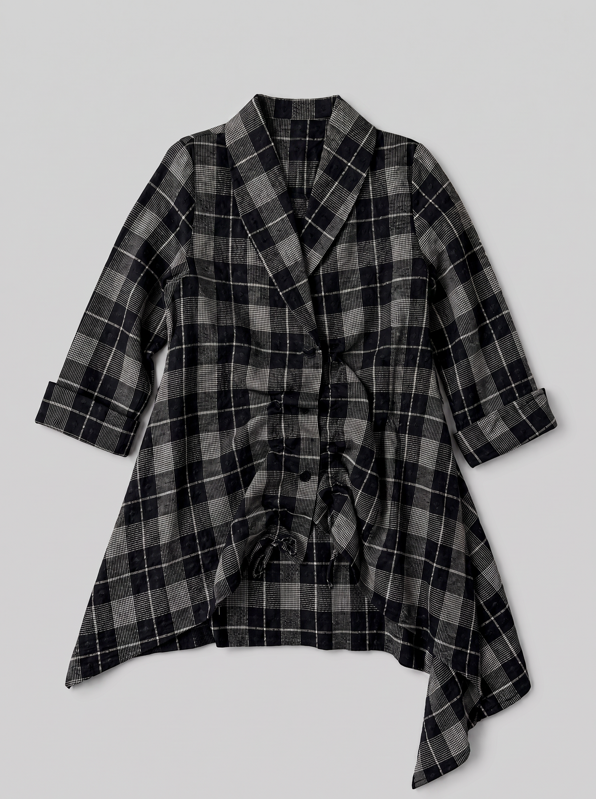 Blanche grey check asymmetric shirt, front flat lay showing adjustable ruching