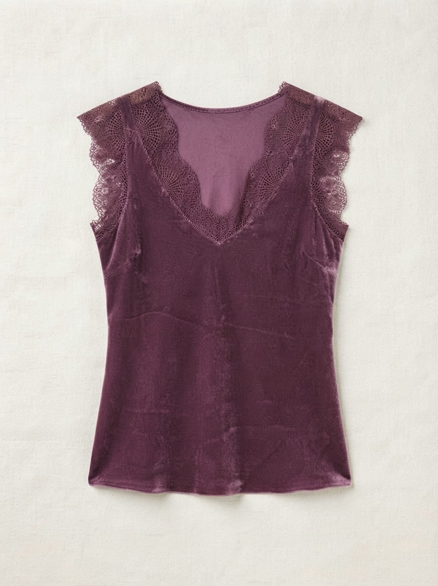 Plum Lacey satin viscose cami top, product view, with lace-trimmed V-neckline and arm openings