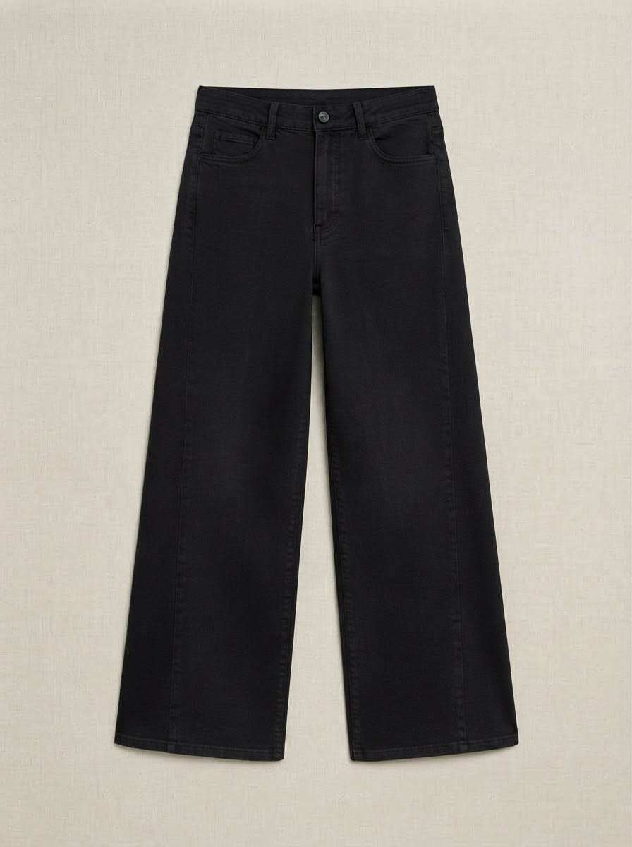 Black Delilah wide leg jeans, front product view showing side-panel seams and five-pocket styling