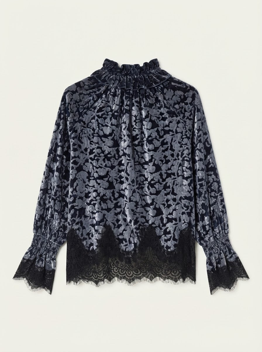 Cara devoré lace blouse in grey and black, back product view