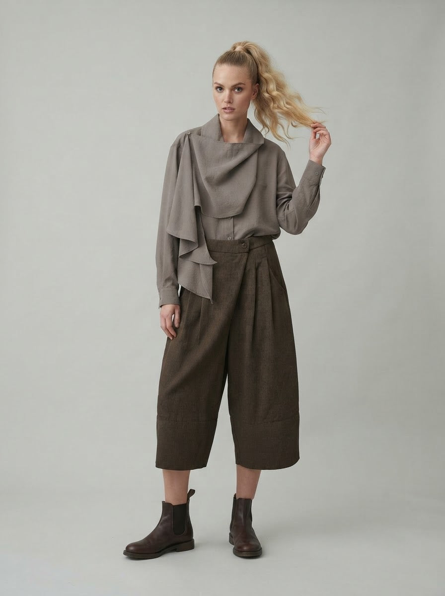 Model wearing Darla scarf collar blouse in taupe, front view