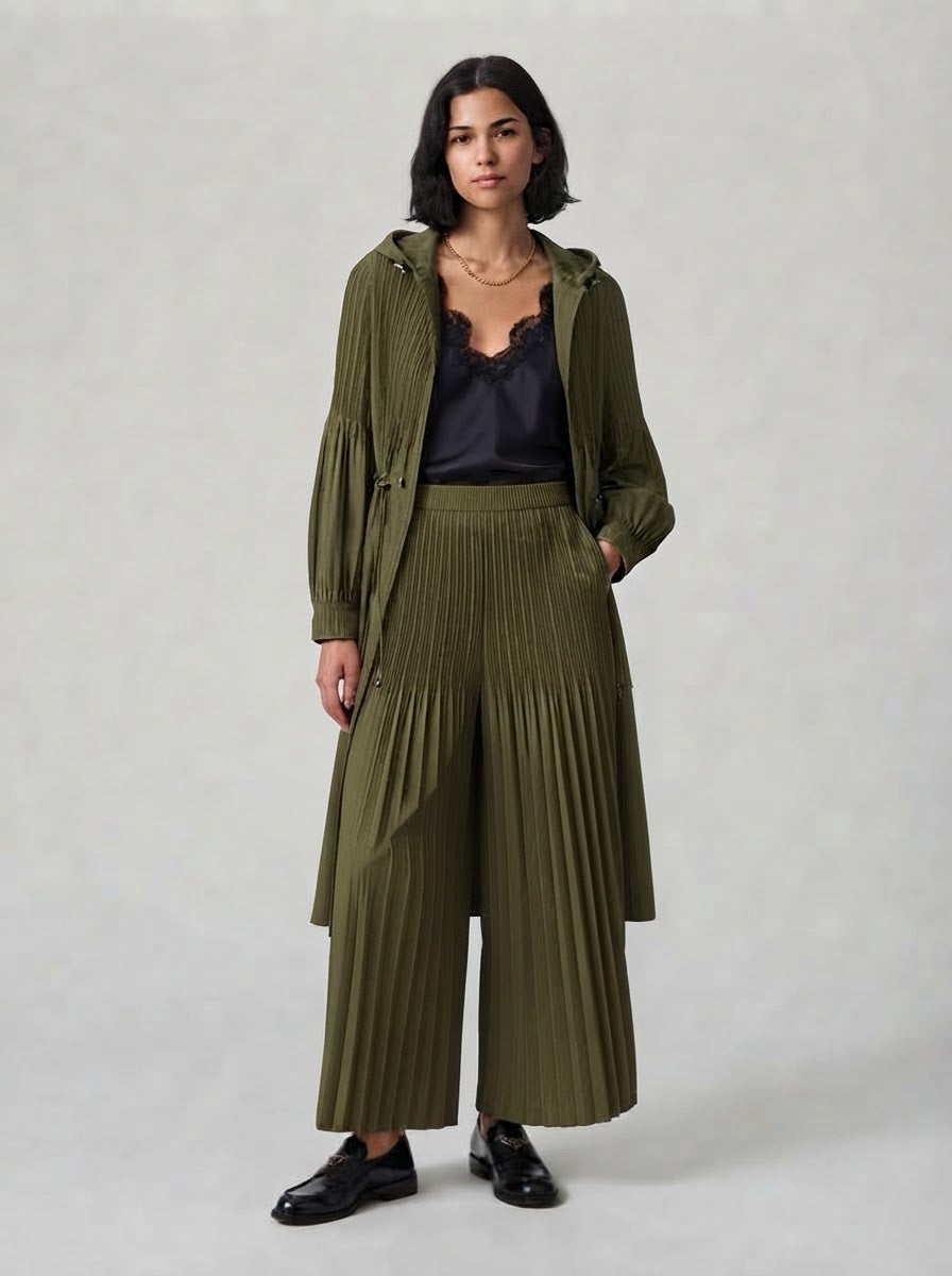 Judi pleat coat with Jolene wide leg trousers in khaki