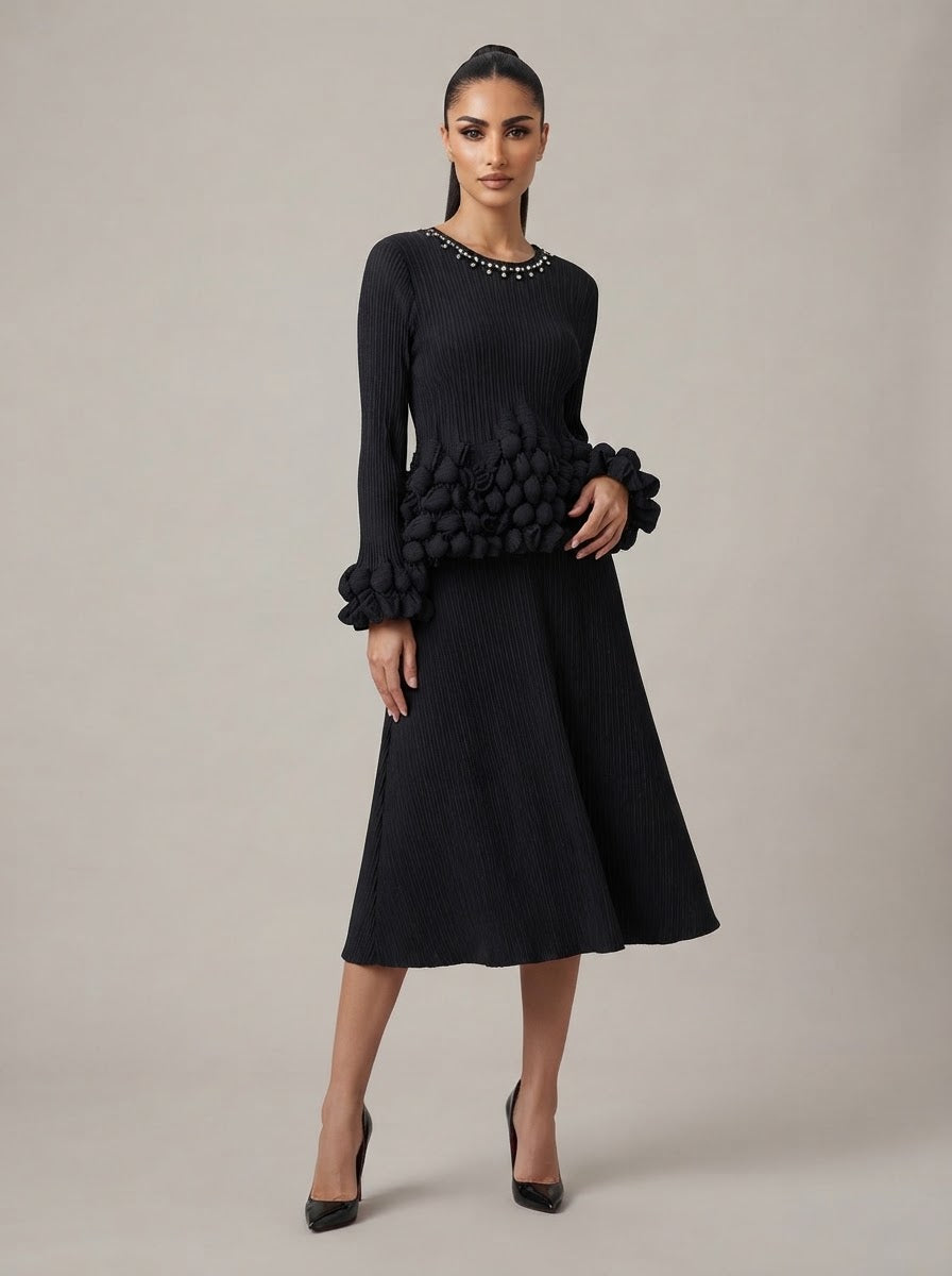Marla Semi bubble pleat dress in black