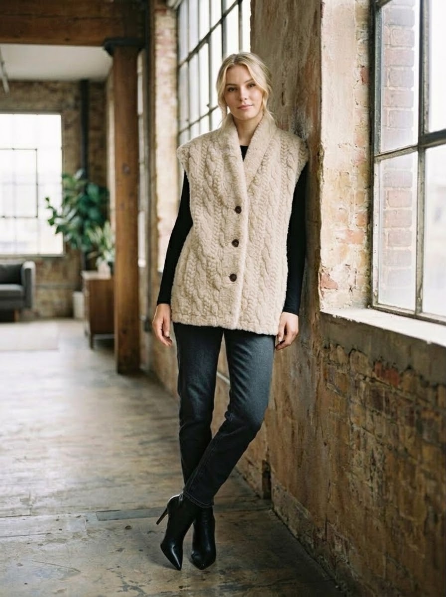 Gina beige faux-fur cable gilet worn on model