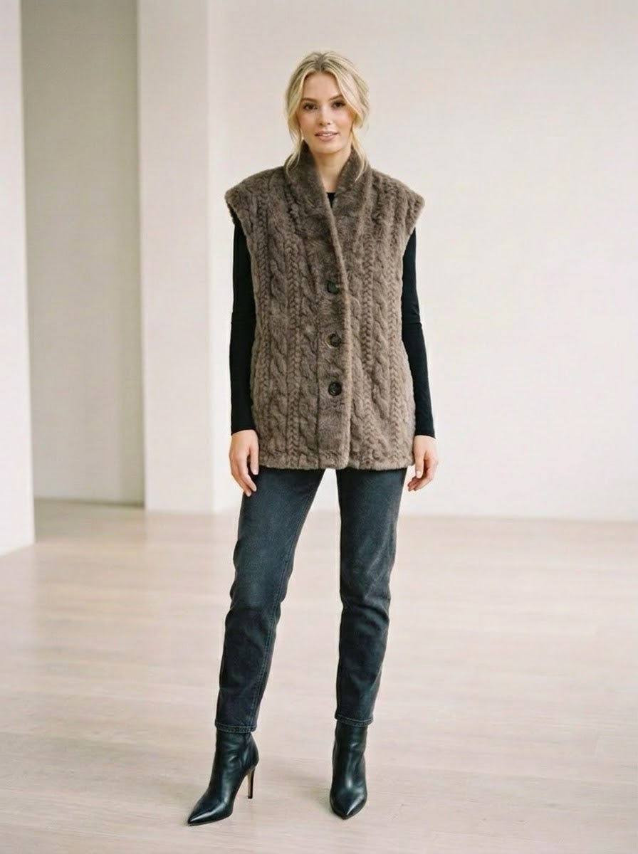 Gina taupe faux-fur cable gilet worn on model