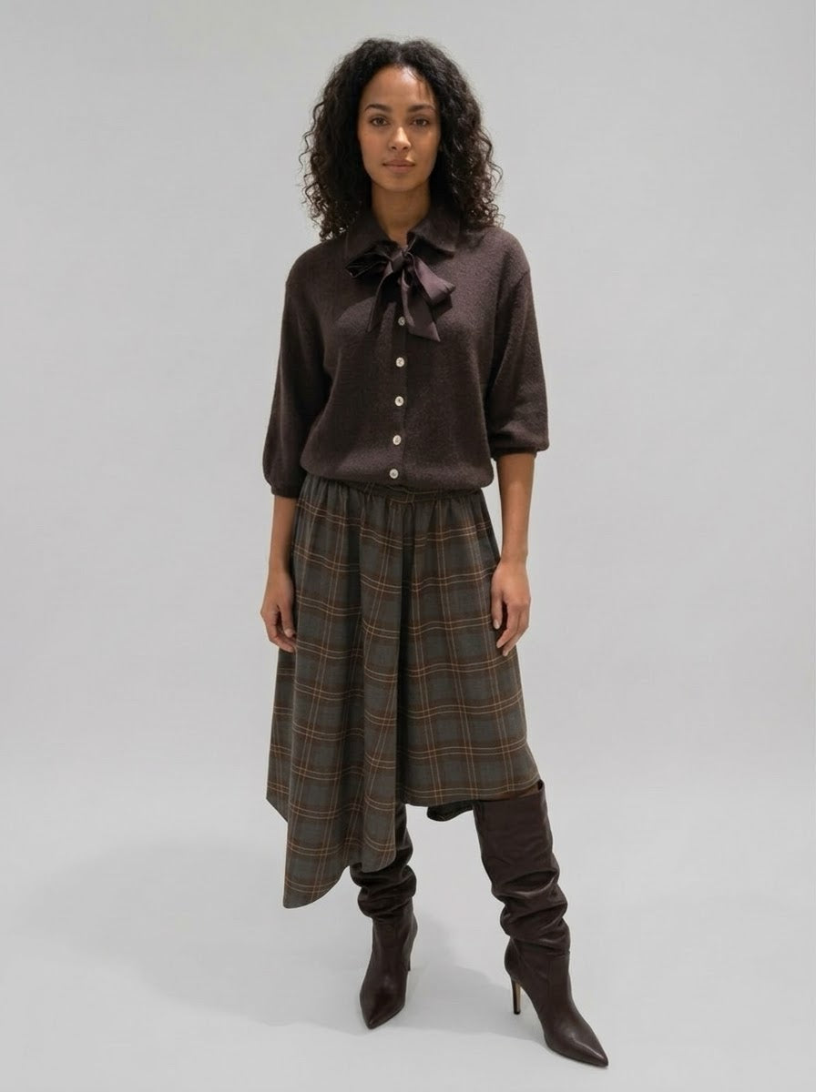 Front view of Lois grey check skirt with elasticated waist