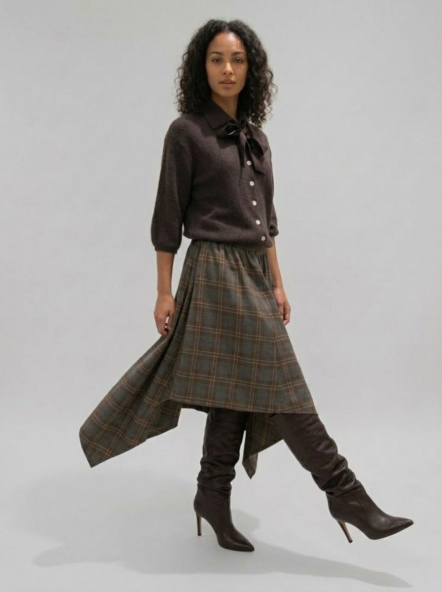 Lois grey check skirt showing asymmetric handkerchief hem