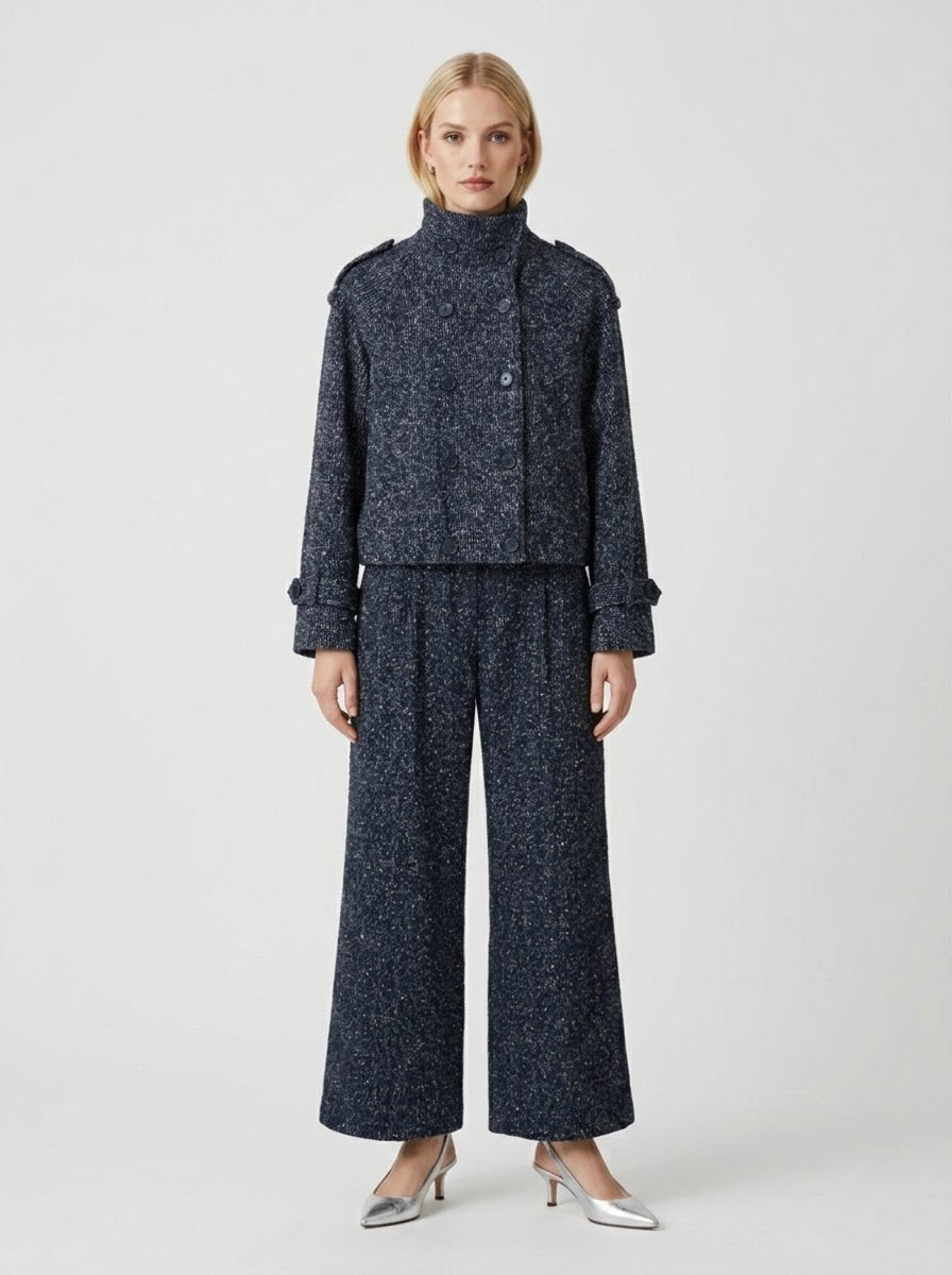 Model wearing the Marissa navy jacket and wide-leg trousers
