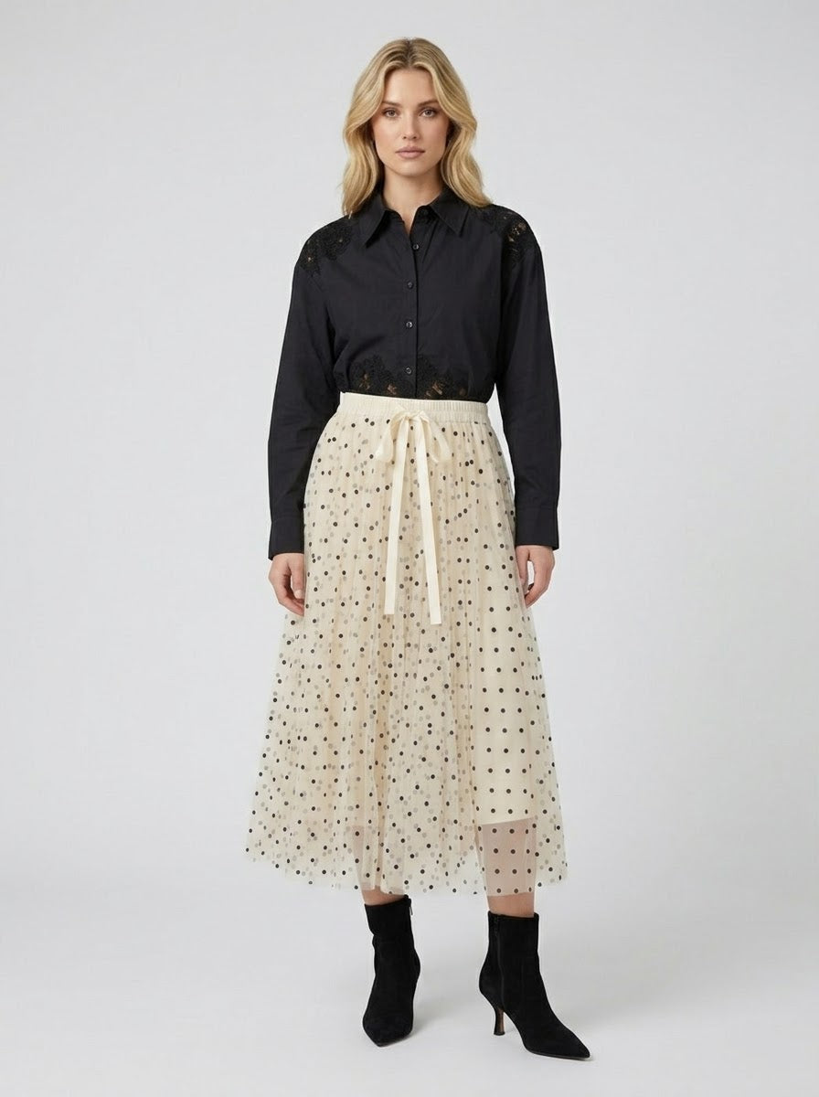 Black Faye button-through shirt showing floral lace hem