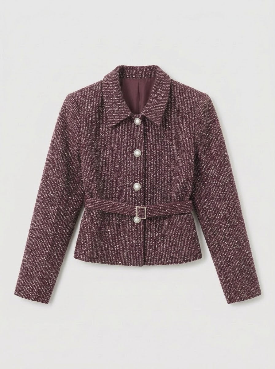 Marissa Bordeaux sequin fleck jacket with statement buttons and self belt