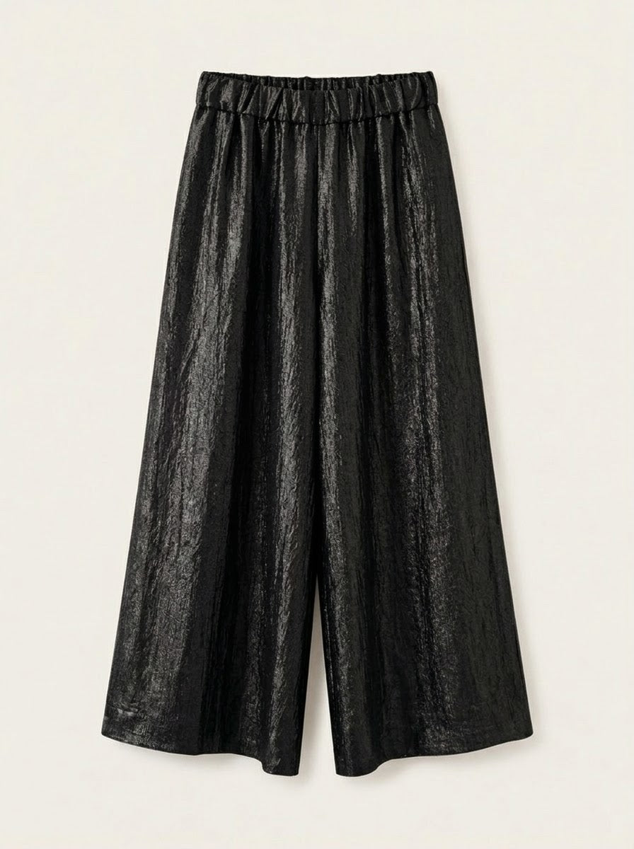 Black Lavender shimmer wide-leg trousers, front flat lay