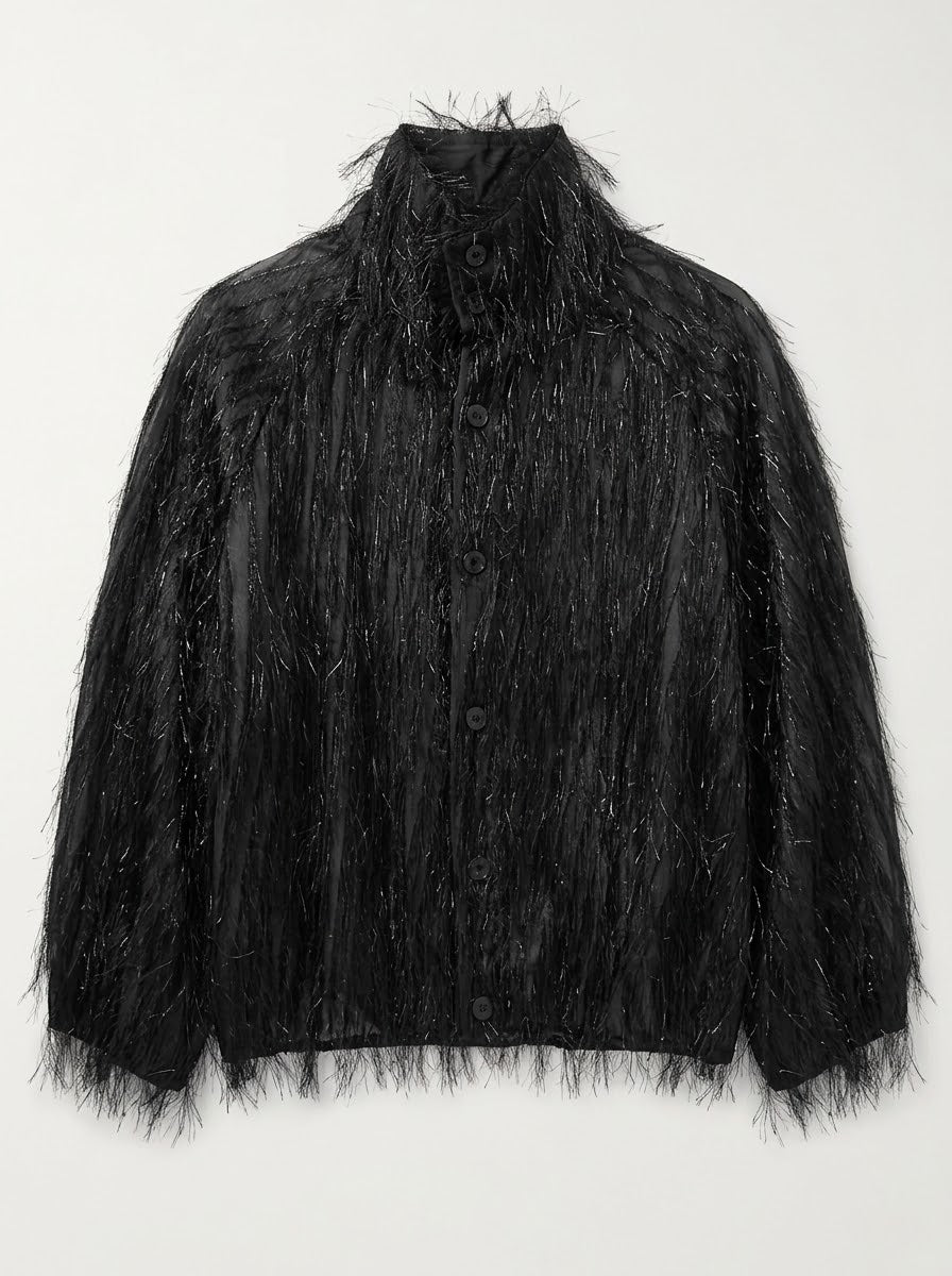Scarlett fringed chiffon jacket in black, front product view