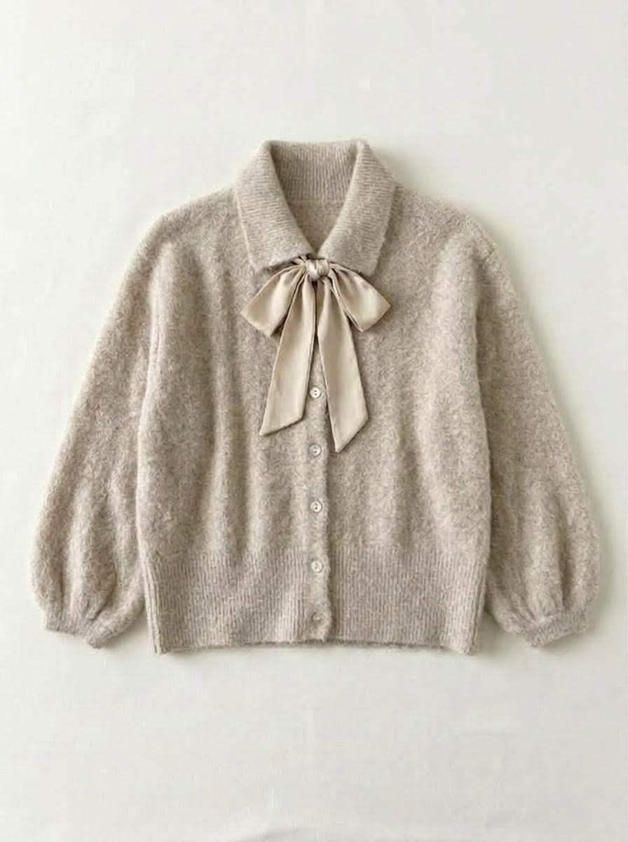 Antoinette oatmeal button-through cardigan with satin bow, front view