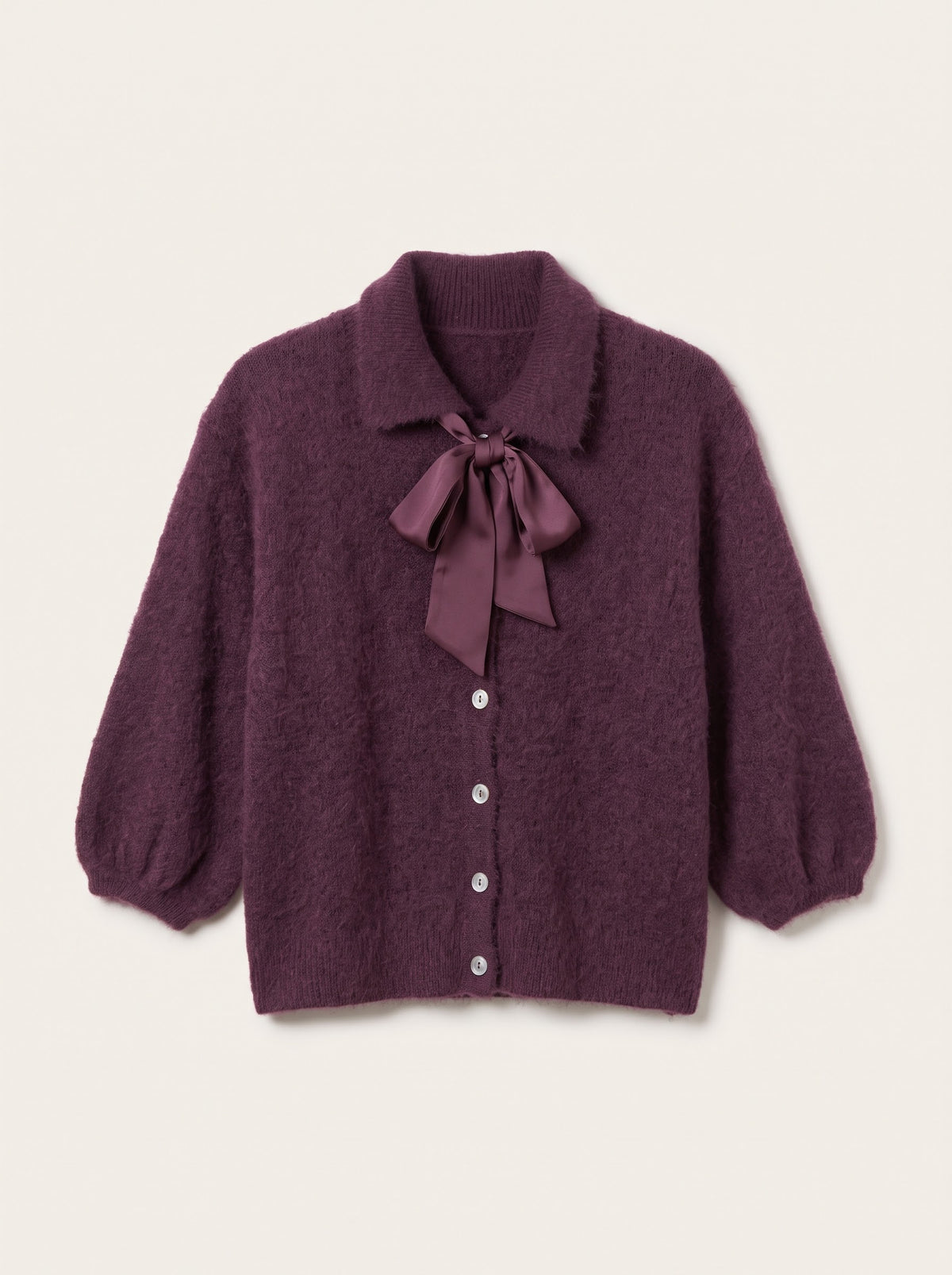 Antoinette plum button-through cardigan with satin bow, front view