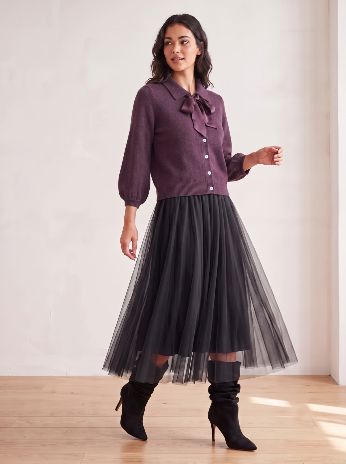 Antoinette plum angora-blend cardigan styled with a black tulle skirt