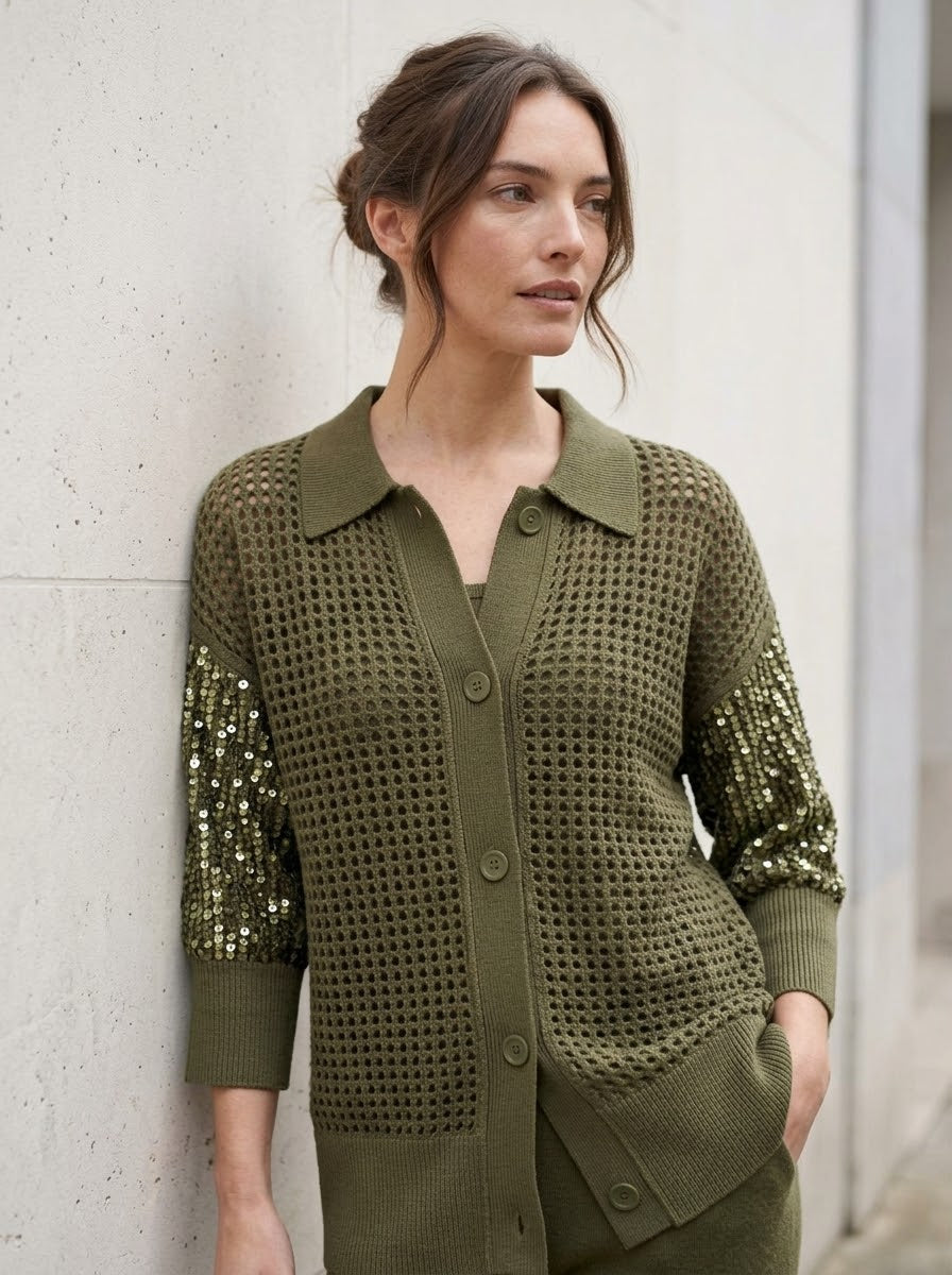 Model wearing the Janey khaki sequin cardigan, front view