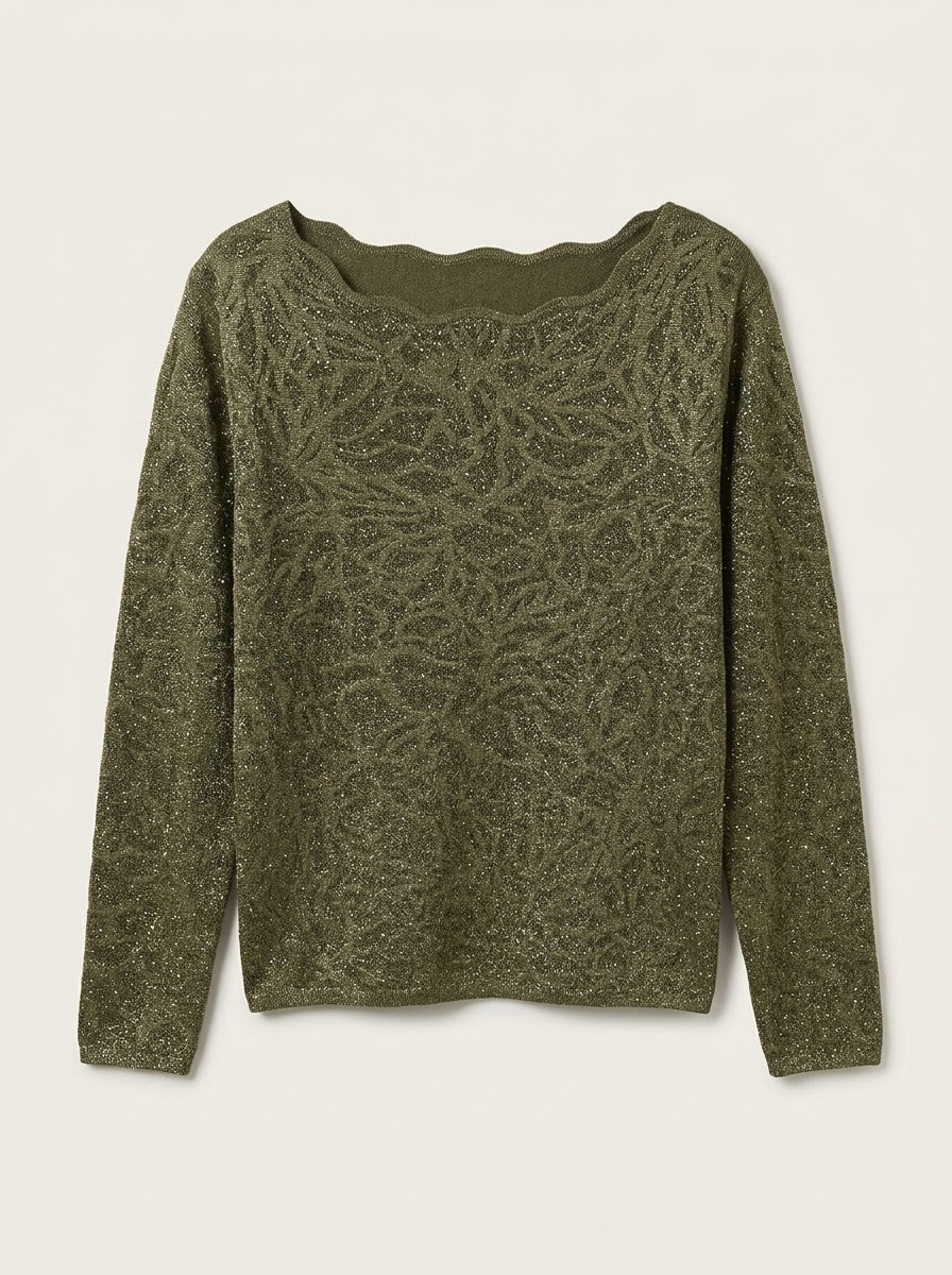 Close-up of the Imani khaki jumper showing its scalloped neckline and tonal pattern