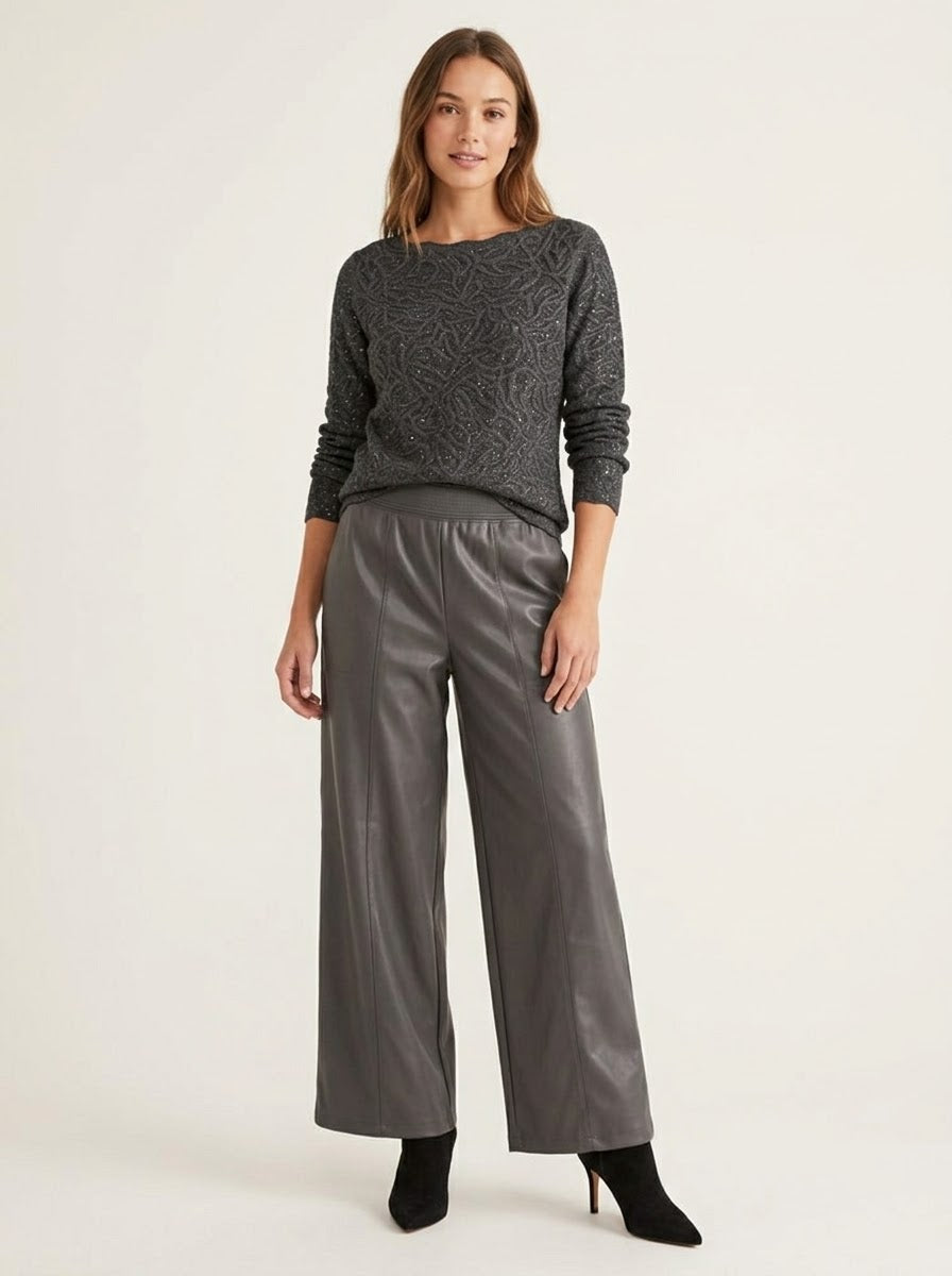 Full-length view of the Teri charcoal wide-leg pleather trousers