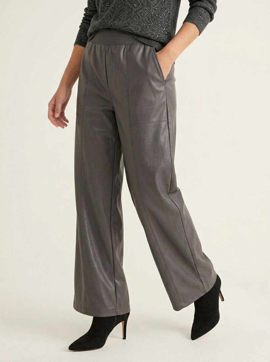 Model wearing the Teri charcoal wide-leg pleather trousers, front view