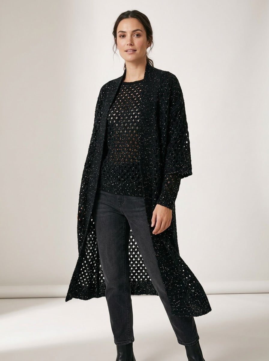 Barbados black open-weave long cardigan showing its edge-to-edge front