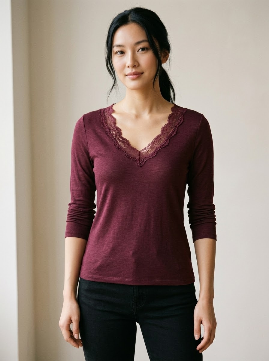 Mollie burgundy cashmere-blend lace top front view