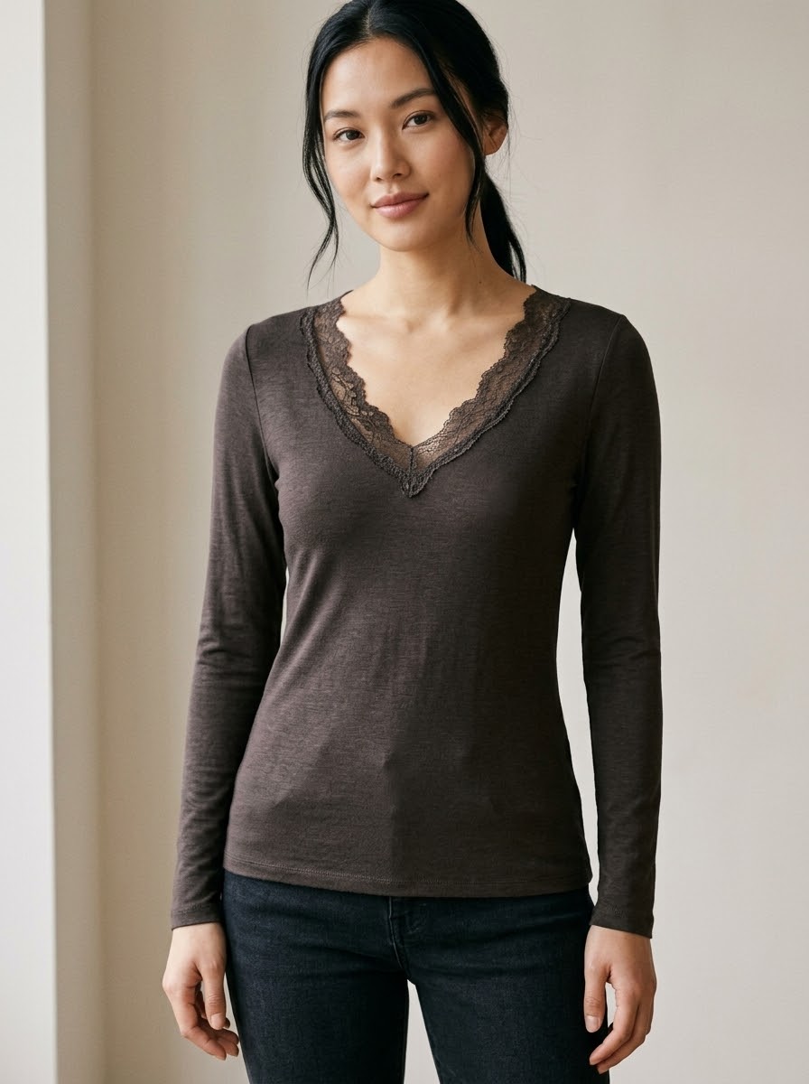 Mollie chocolate cashmere-blend lace top front view