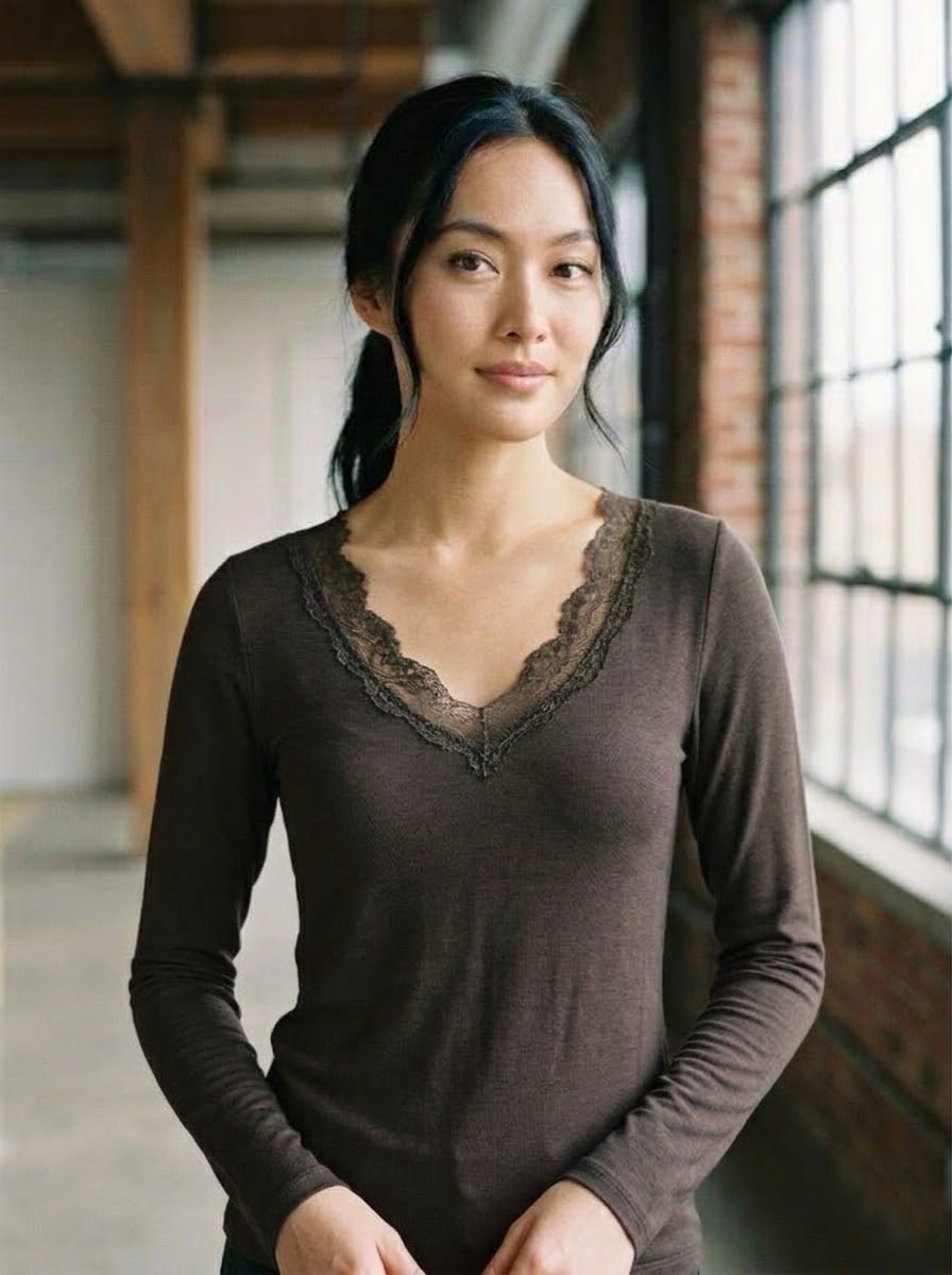 Mollie chocolate soft-touch lace top styled on model