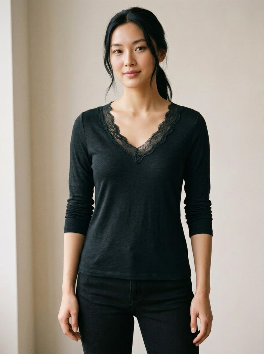 Mollie black cashmere-blend lace top front view