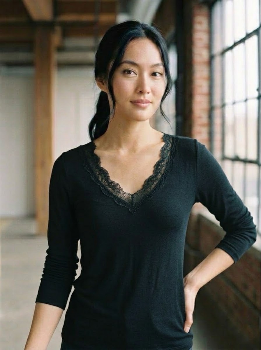 Mollie black long-sleeved top with lace-trimmed V-neckline